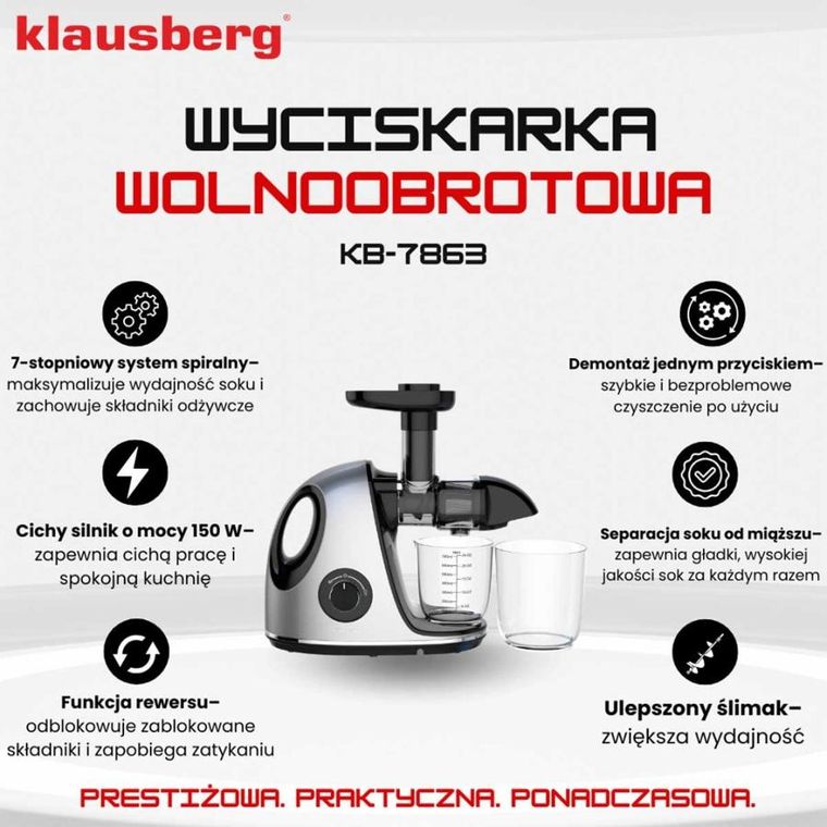 Klausberg, sokowirówka, wyciskarka wolnoobrotowa, srebrna, KB-7863