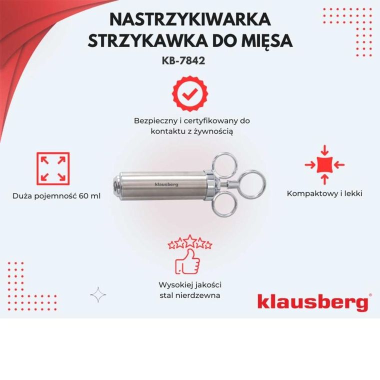Klausberg, stalowa nastrzykiwarka do peklowania mięsa, 60 ml, KB-7842