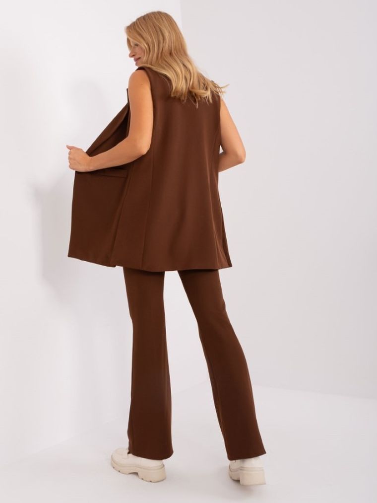 Komplet damski, Spodnie materiałowe, Kamizelka, brązowy, Italy Moda