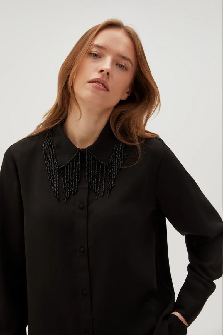 Koszula damska z długim rękawem, czarna, Moodo