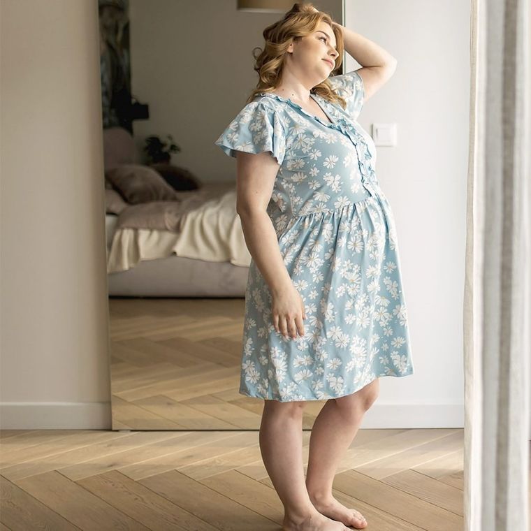 Koszula nocna damska z krótkim rękawem, ciążowa, niebieska, Eevi