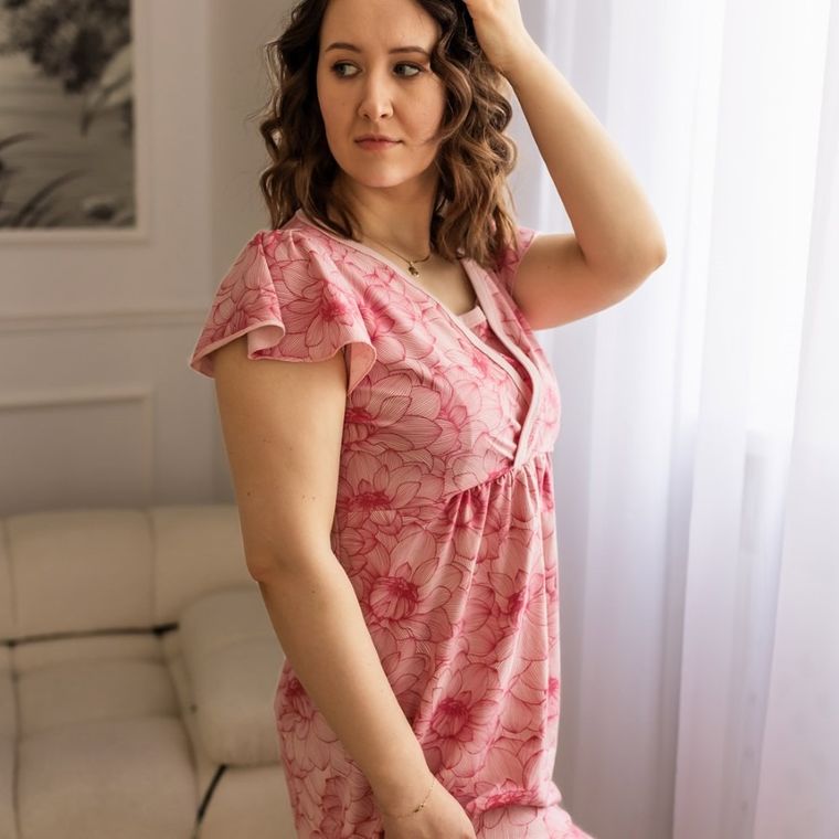Koszula nocna damska z krótkim rękawem, ciążowa, różowa, Eevi