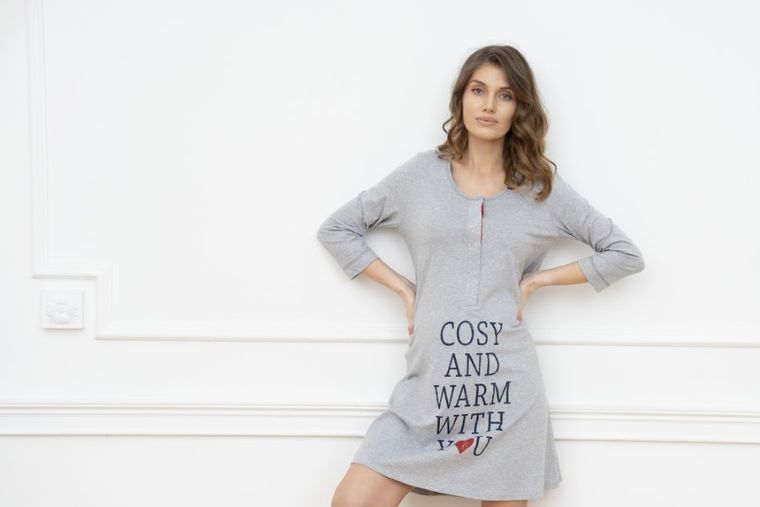 Koszula nocna damska z rękawem 3/4, szara, Balsam, Italian Fashion