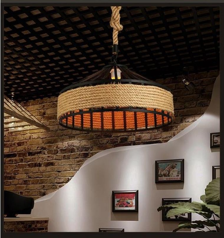Lampa sufitowa z liny konopnej na jutowej linie, średnica, 40 cm