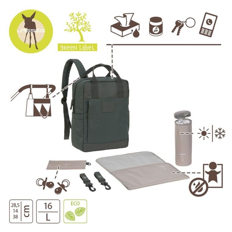 Lassig, Green Label, plecak dla mam z akcesoriami Vividal, kwadratowy, dark olive