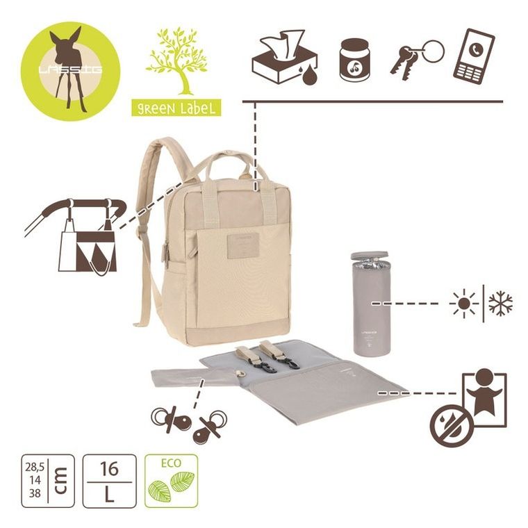 Lassig, Green Label, plecak dla mam z akcesoriami Vividal, kwadratowy, humus