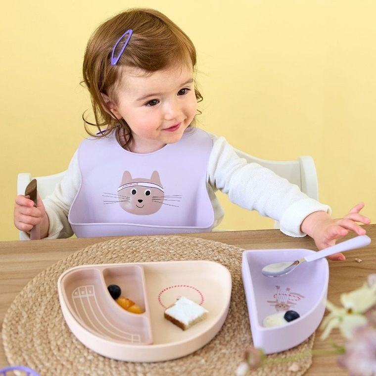 Lassig, Tiny Team, zestaw silikonowych naczyń, kotek, 3 szt.