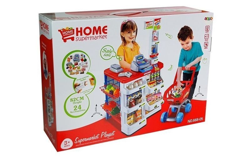 Lean Toys, market, lada z kasą fiskalną, wózkiem i artykułami spożywczymi