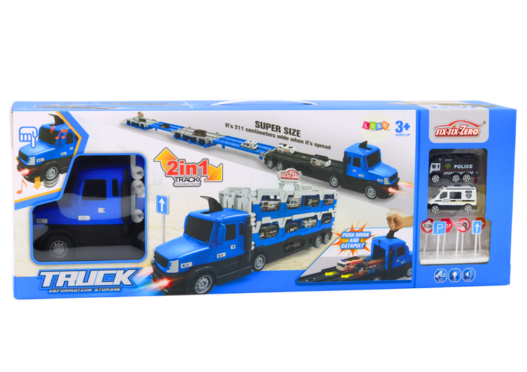 Lean Toys, Tor laweta rozkładana, interaktywny transporter z pojazdami, niebieski