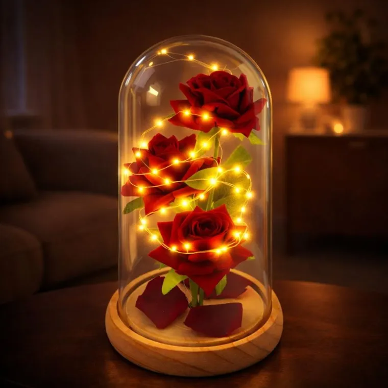 Lean Toys, wieczne róże w szklanej kopule LED, czerwone, 21,5-11 cm