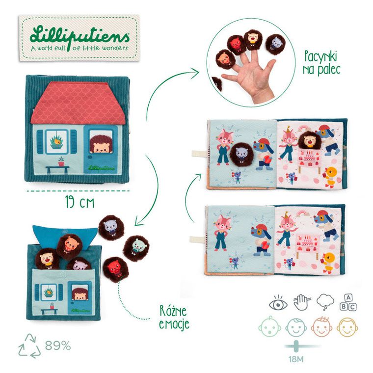 Lilliputiens, Jeżyk Leon, Emocje, książeczka aktywizująca z mini pacynkami, 18m+