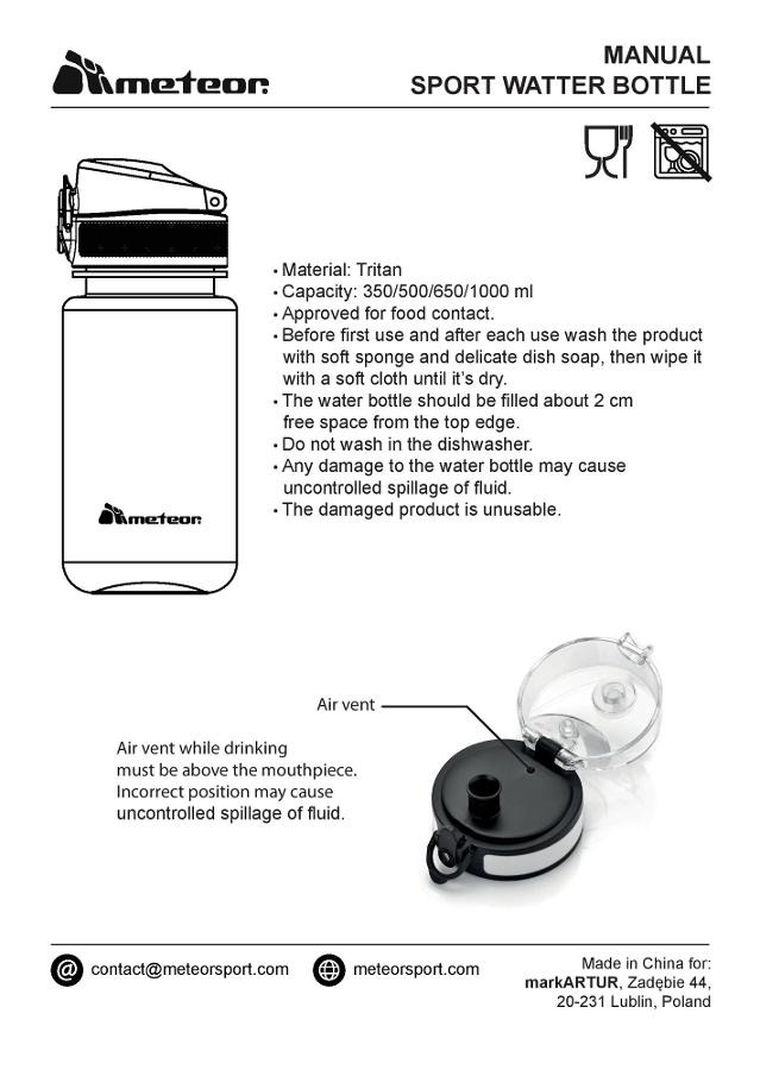 Meteor, bidon sportowy, czarny, 650 ml