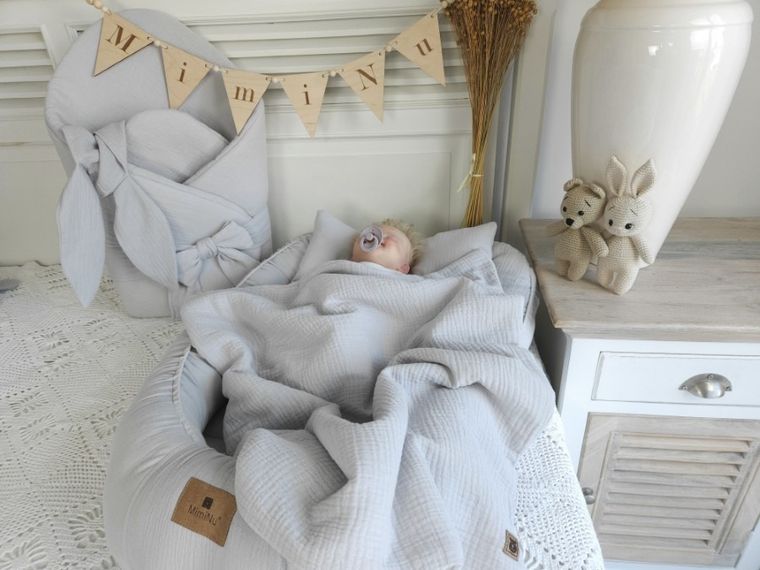 MimiNu, 2-częściowy komplet pościeli z wypełnieniem, całoroczny, muślin bawełniany, szary, 60-70 cm + 40-30 cm