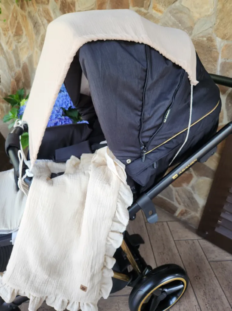 MimiNu, daszek do wózka, przeciwsłoneczna osłonka, muślin bawełniany, ciepły beż