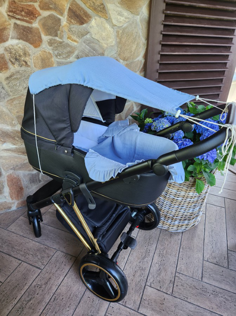 MimiNu, daszek do wózka, przeciwsłoneczna osłonka, muślin bawełniany, jeans