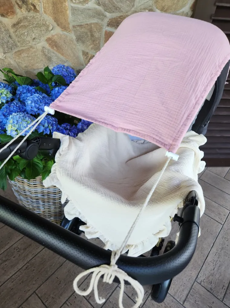 MimiNu, daszek do wózka, przeciwsłoneczna osłonka, muślin bawełniany, pudrowy róż