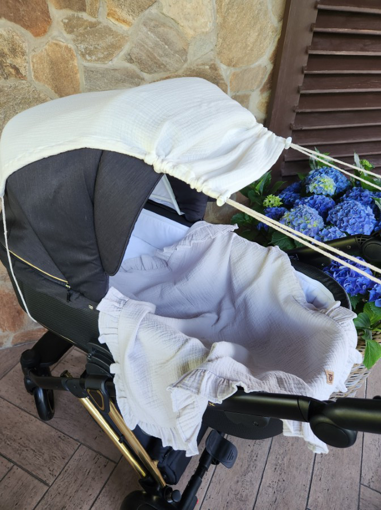 MimiNu, daszek do wózka, przeciwsłoneczna osłonka, muślin bawełniany, śmietanka