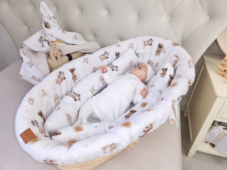 MimiNu, Misie, zestaw do gondoli/kosza Mojżesza: ochraniacz, poduszka, materac, beż