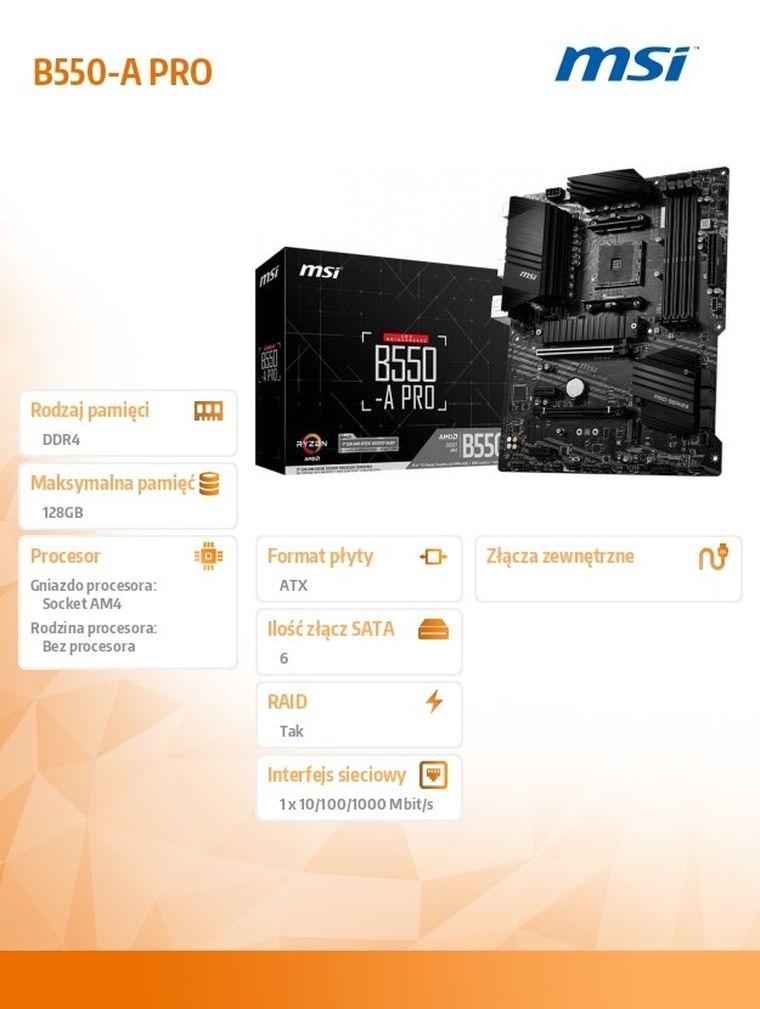 MSI, płyta główna, B550 A-PRO AM4 4DDR4 HDMI/DP M.2 ATX
