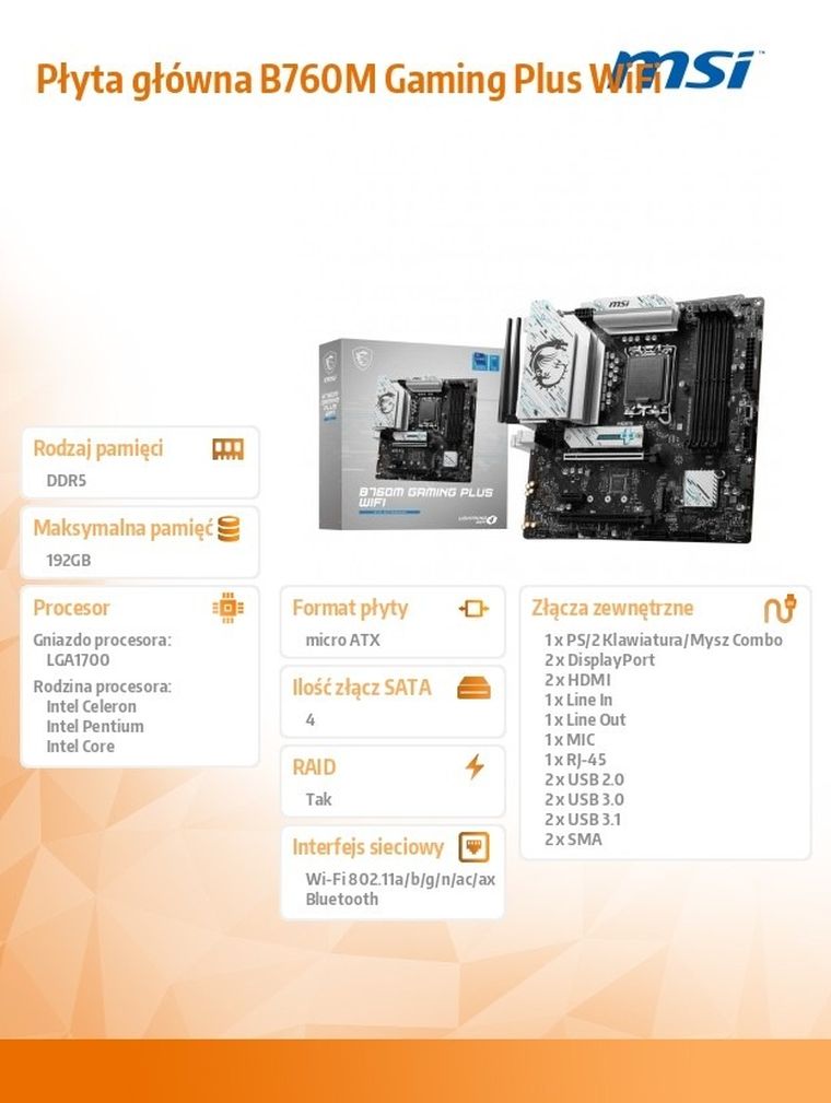 MSI, płyta główna, B760M GAMING PLUS WIFI s1700 4DDR5 DP/HDMI mATX