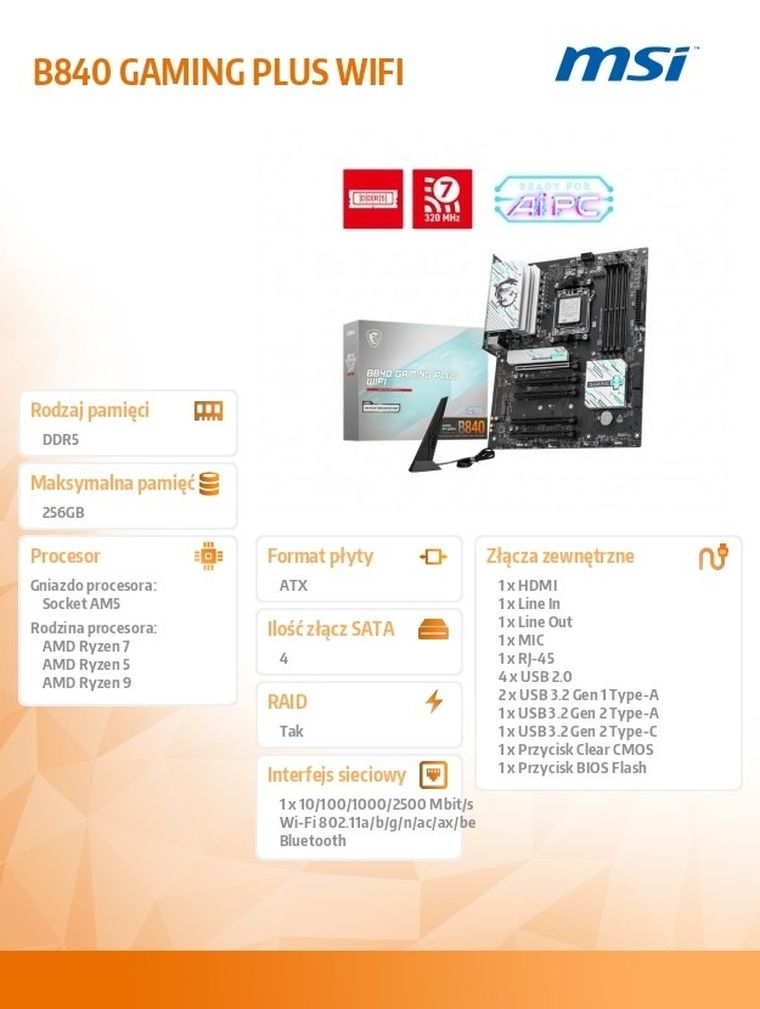 MSI, płyta głowna, B840, gaming plus, WIFI