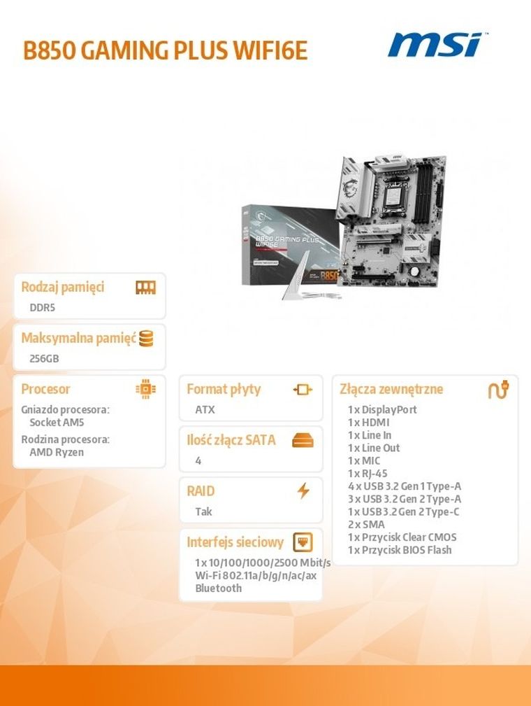 MSI, płyta główna, B850 GAMING PLUS WIFI6E