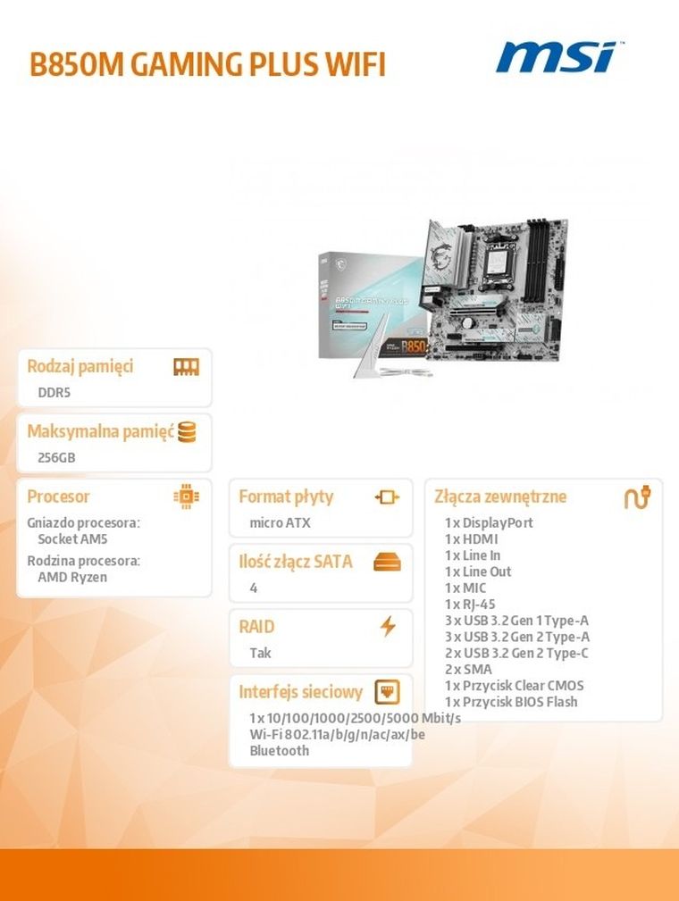 MSI, płyta główna, B850M GAMING PLUS WIFI