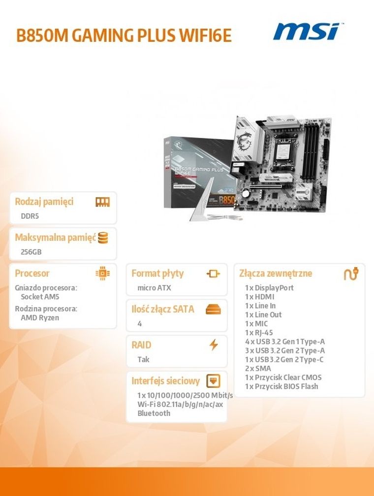 MSI, płyta główna, B850M GAMING PLUS WIFI6E AM5 4DDR5 mATX