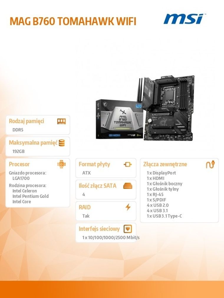 MSI, płyta główna, MAG B760 TOMAHAWK WIFI s1700 4DDR5 DP/HDMI ATX
