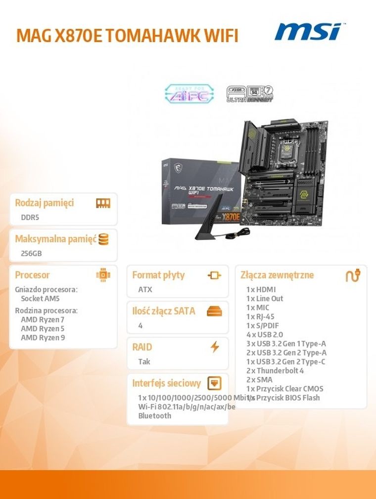 MSI, płyta główna, MAG X870E TOMAHAWK WIFI AM5 4DDR5 ATX