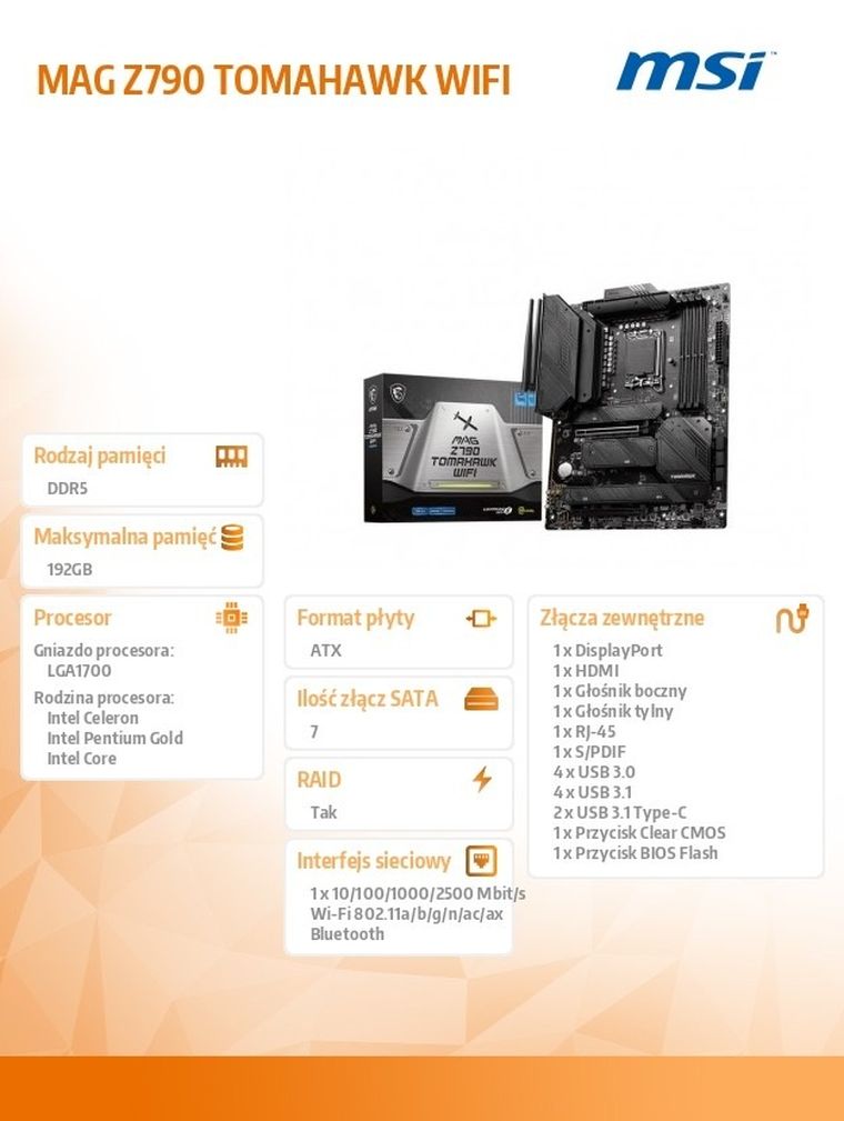 MSI, płyta główna, MAG Z790 TOMAHAWK WIFI s1700 4DDR5 DP/HDMI ATX