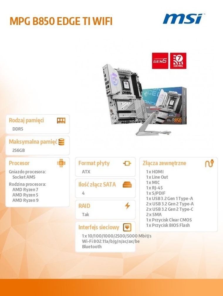 MSI, płyta główna, MPG B850 EDGE TI WIFI AM5 4DDR5 ATX