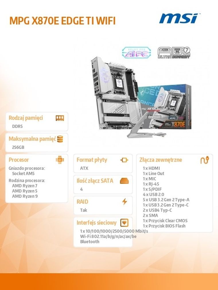 MSI, płyta główna, MPG X870E EDGE TI WIFI AM5 4DDR5 ATX