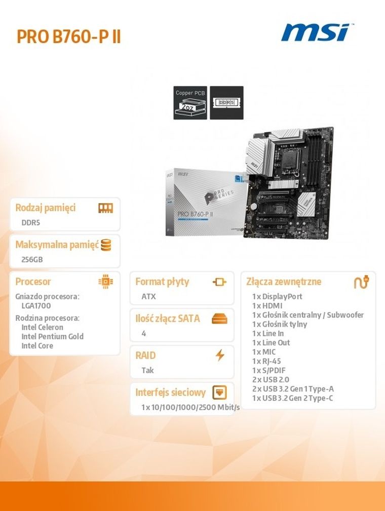 MSI, płyta główna, PRO B760-P II S1700 4DDR5 DP/HDMI ATX