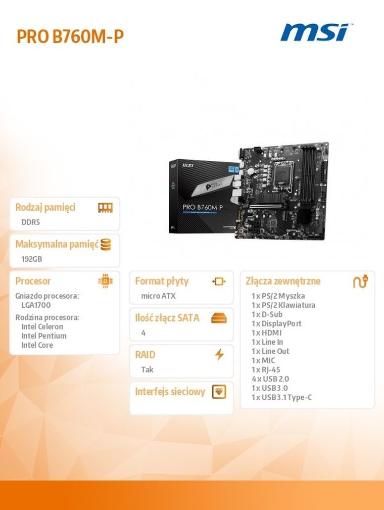 MSI, płyta główna, PRO B760M-P s1700 4DDR5 DP/HDMI 2M.2 mATX