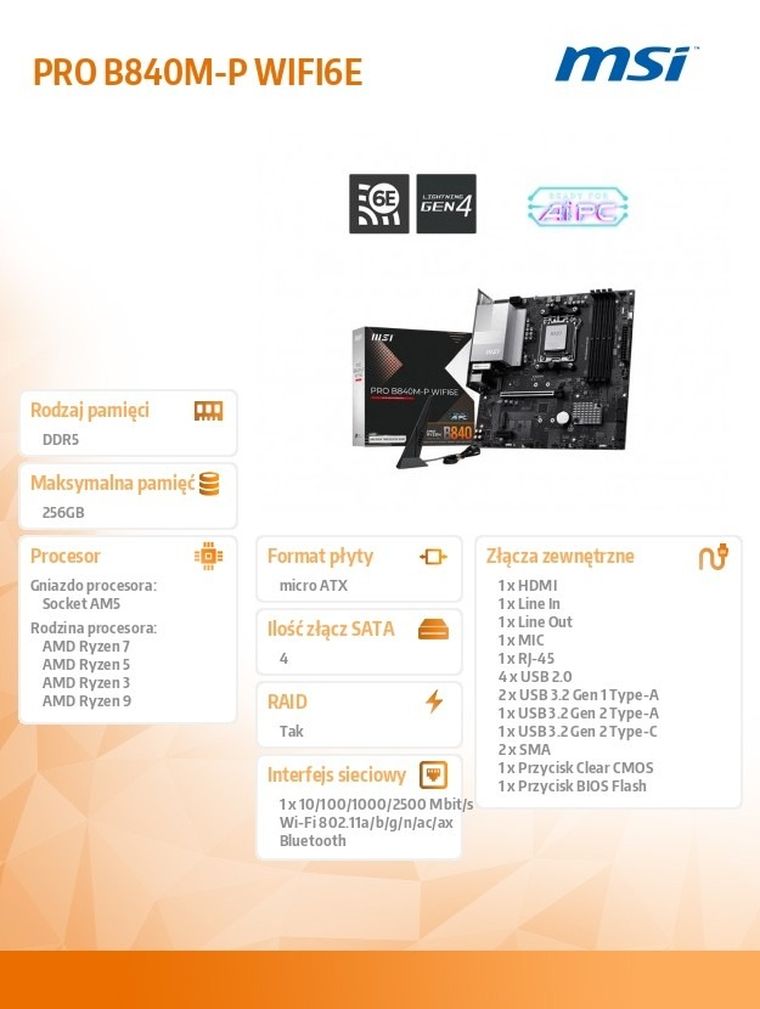 MSI, płyta główna, PRO B840M-P WIFI6E AM5 4DDR5 ATX