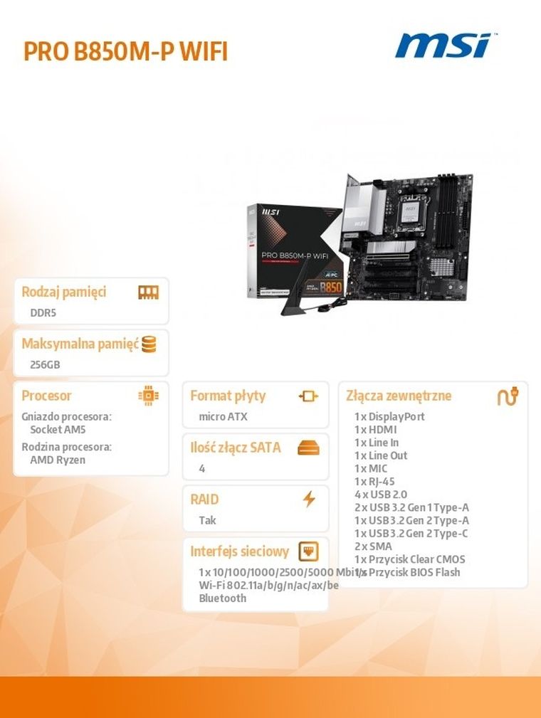 MSI, płyta główna, PRO B850M-P WIFI AM5 4DDR5 ATX