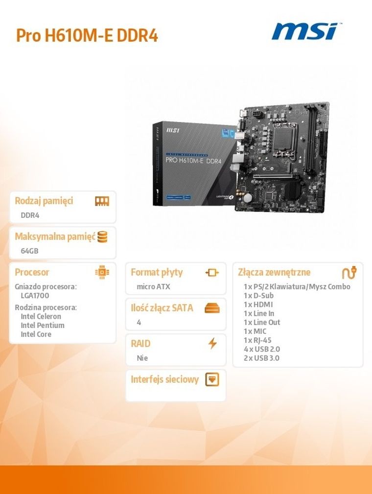 MSI, płyta główna, PRO H610M-E s1700 DDR4 HDMI M.2 mATX