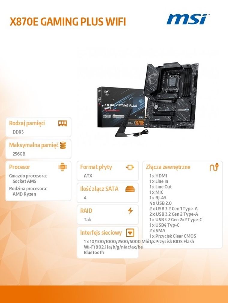 MSI, płyta główna, X870E GAMING PLUS WIFI