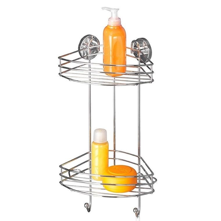 Narożna półka łazienkowa, vacuum-loc, 2 poziomy, stal chromowana