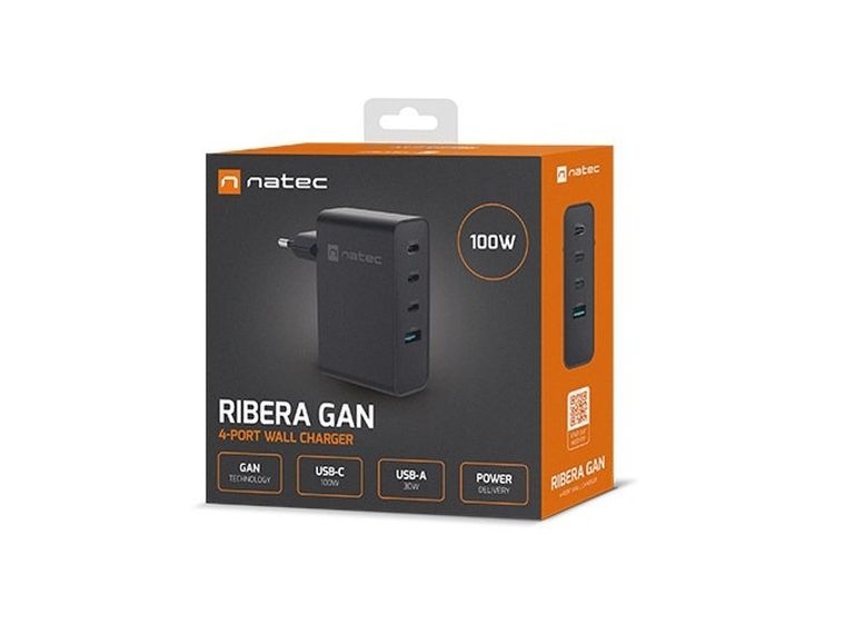 Natec, ładowarka sieciowa, RIBERA GAN 3X USB-C 1X USB-A, 100W, czarna
