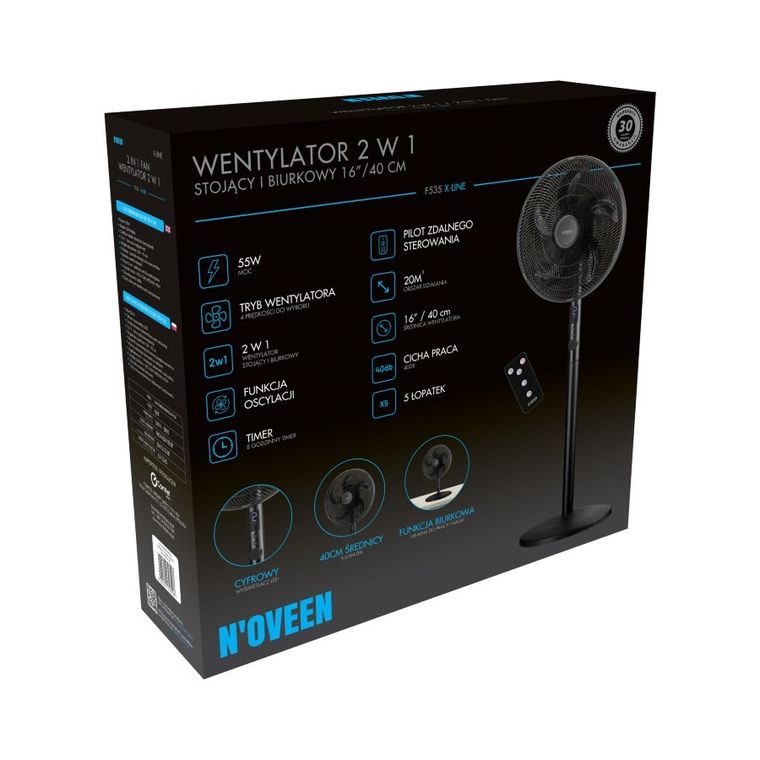 N'oveen, wentylator 2w1 stojący i biurkowy, F535 16"/40cm