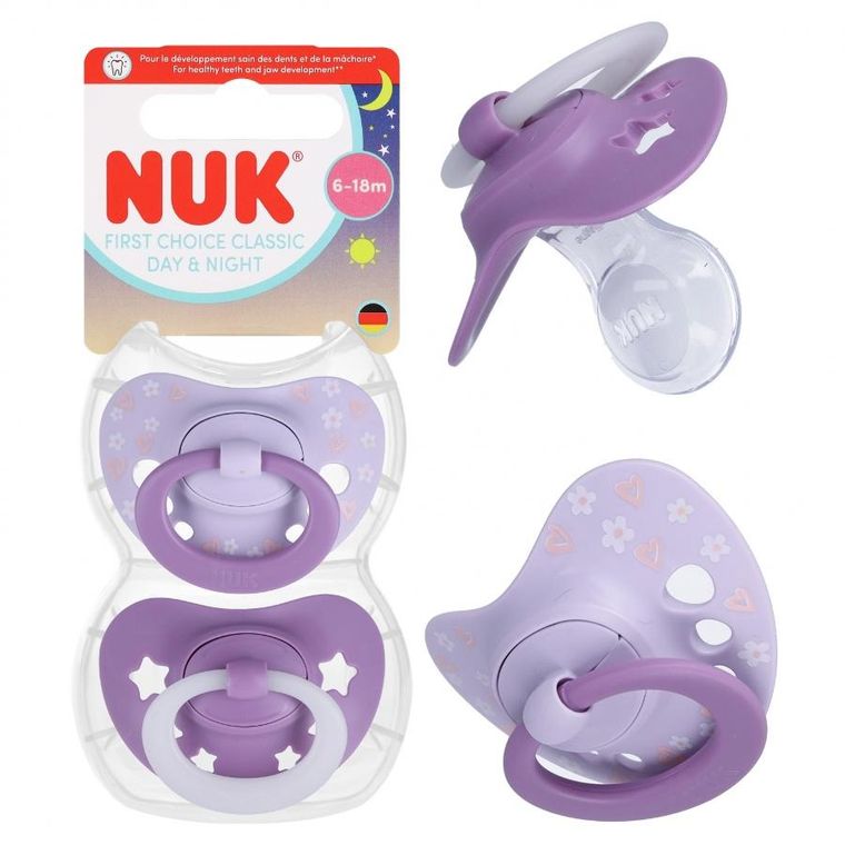 Nuk, First Choice, Night, smoczek uspokajający, fioletowy, 6-18m, 2 szt.