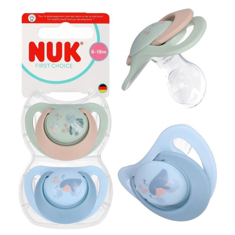 Nuk, First Choice, smoczek uspokajający, żółw i wieloryb, 6-18m, 2 Szt.