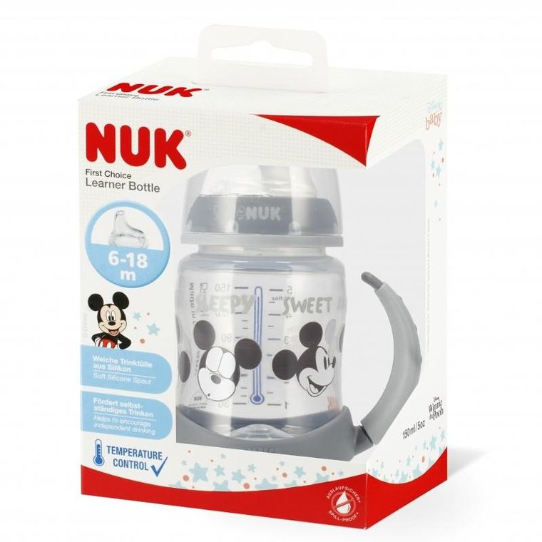 Nuk, First, Myszka Miki, butelka z uchwytem, smoczek lateksowy, 6m+, popiel, 150 ml
