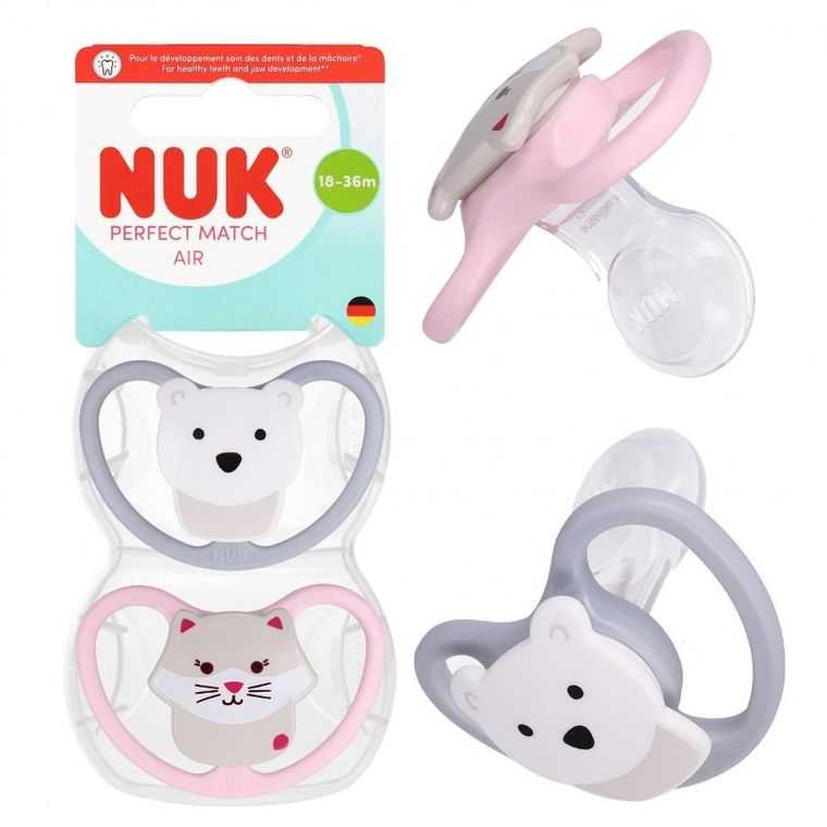 Nuk, Perfect Match Air, smoczek uspokajający, kot i miś, 18-36m, 2 szt.