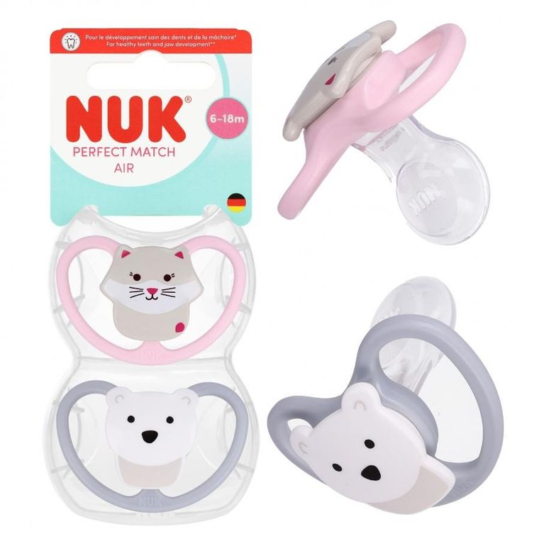Nuk, Perfect Match Air, smoczek uspokajający, kot i miś, 6-18m, 2 szt.