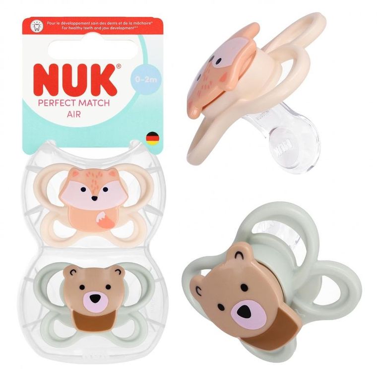 Nuk, Perfect Match Air, smoczek uspokajający, lis i miś, 0-2m, 2 szt.