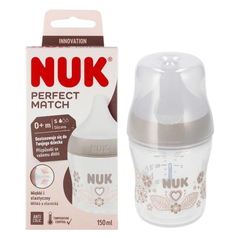 Nuk, Perfect Match, butelka, silikonowy smoczek, rozmiar S-M, serca, 150 ml