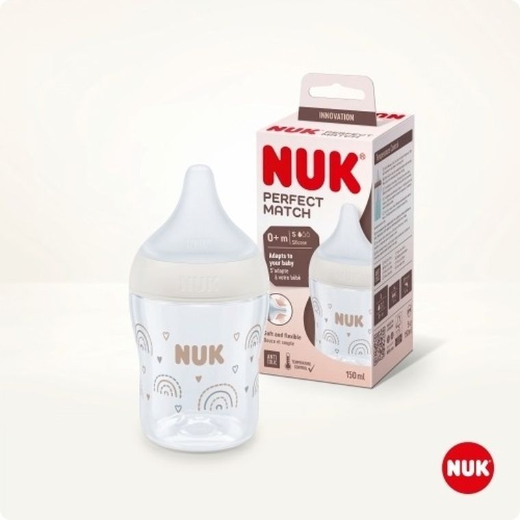 Nuk, Perfect Match, butelka, silikonowy smoczek, rozmiar S-M, tęcza, 150 ml